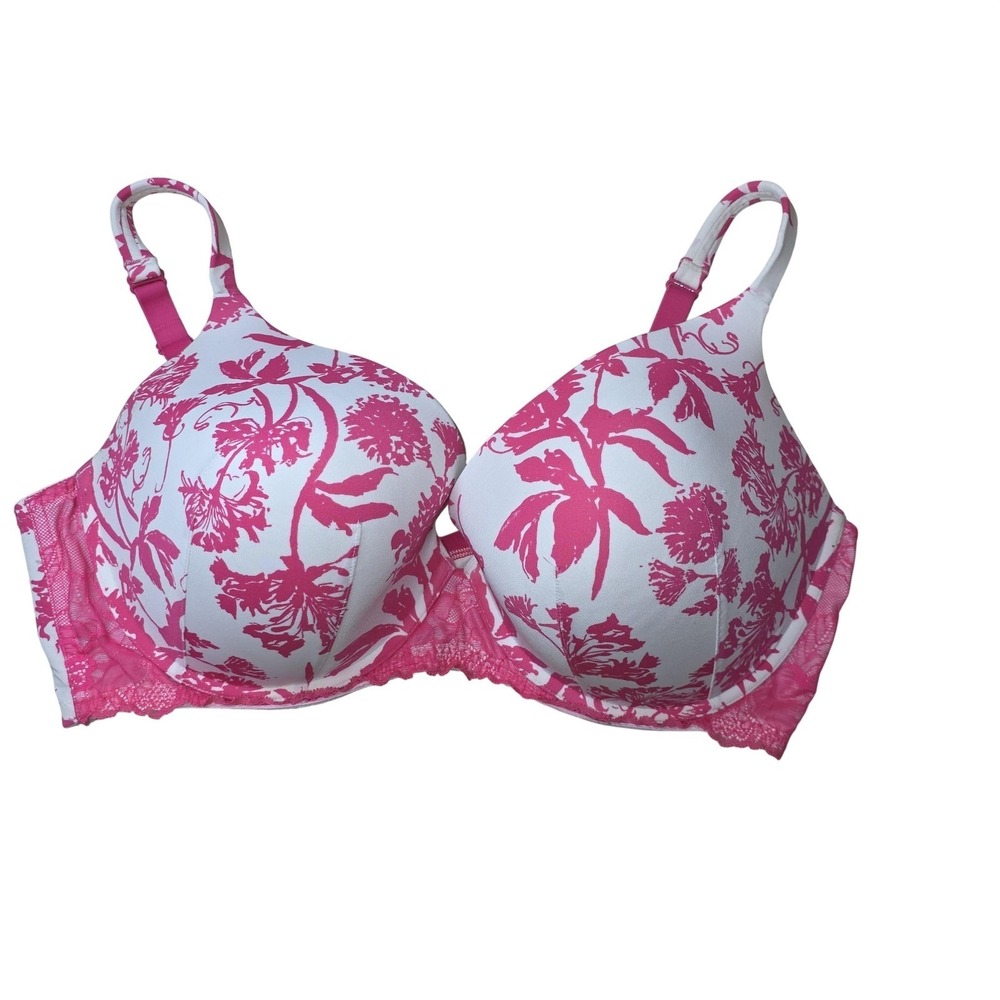 Cacique Boost Plunge Bra Womens 42F Pink Floral Push Up Lace Padded Underwire